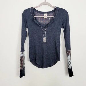 Free people gray printed boho cuffs thermal long sleeve top NWOT